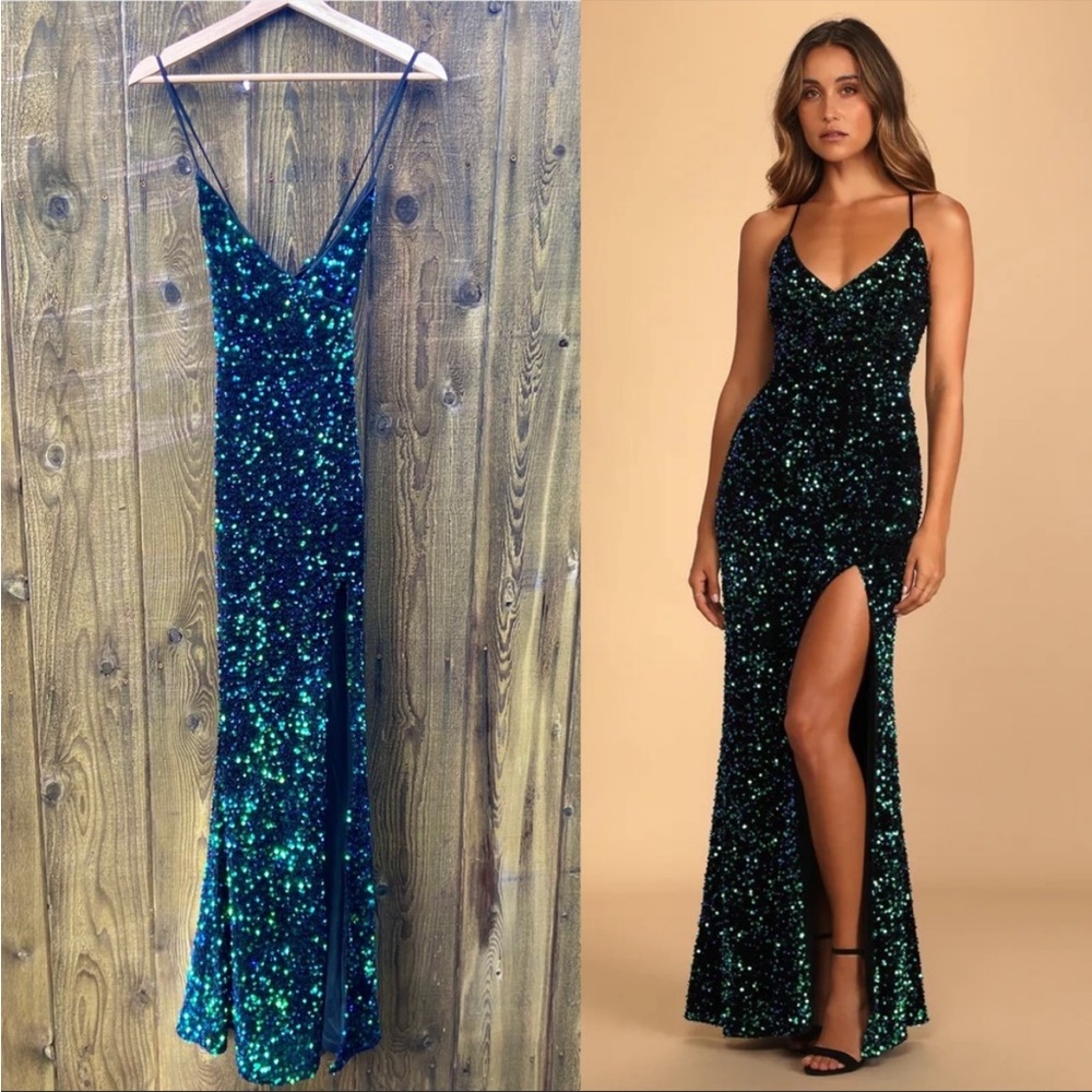 Green/Blue Iridescent Sequin Velvet Backless Long Side Slit Dress 💙💚